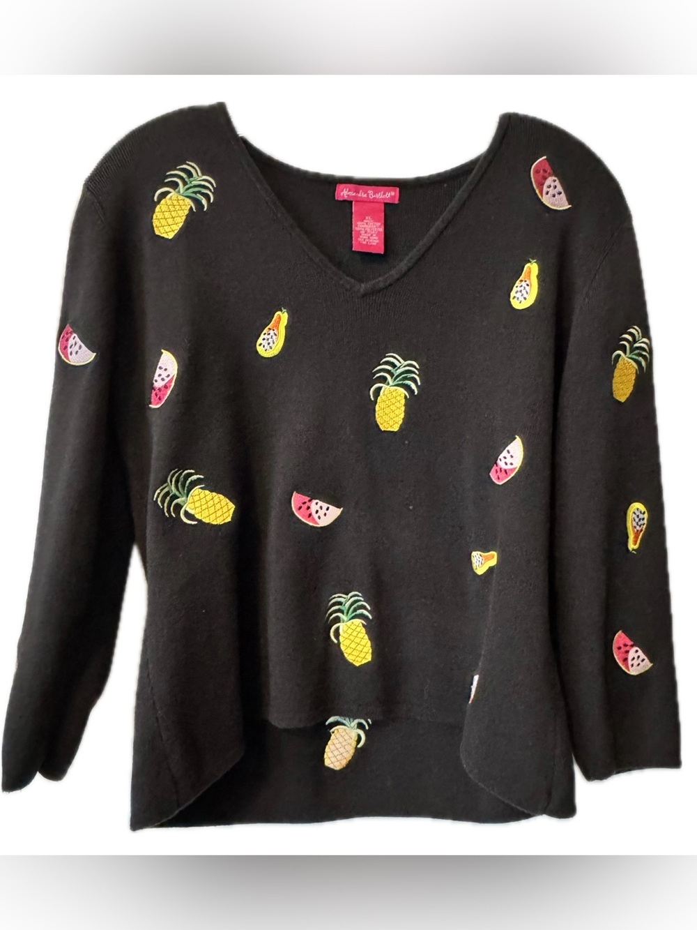 Alexandra Bartlett Cotton Fruit Embroidered Sweater XL Tropical Coastal Grandma